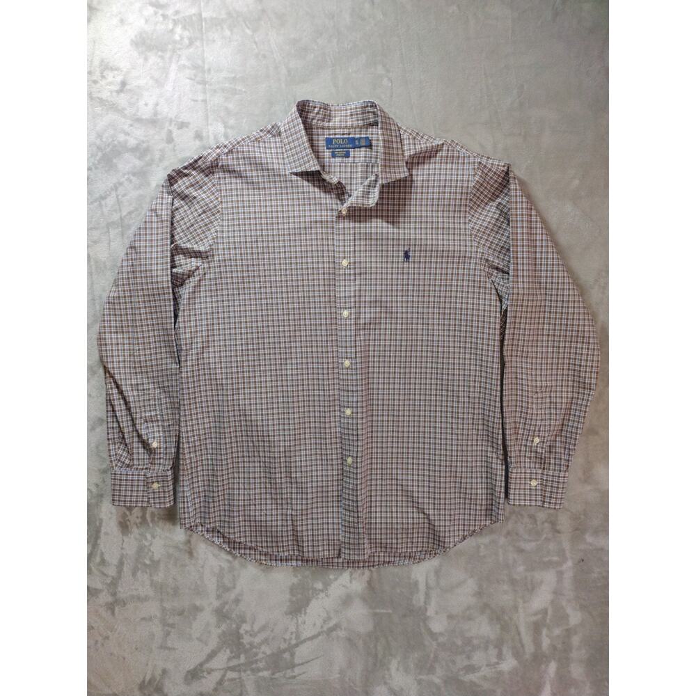 Polo Ralph Lauren Button Down Shirt Mens XL Brown Blue White Plaid Stretch